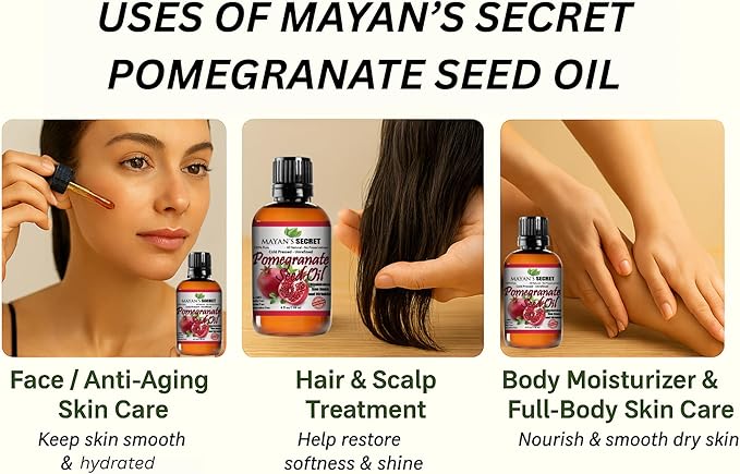 Mayan's Secret Pure Carrier and Essential oils for Skin Care, Hair, Body Moisturizer for Face-Anti Aging Skin Care (Pomegranate Seed Oil (Not Organic), 4oz)