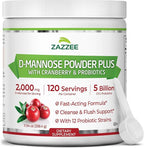 Zazzee D-Mannose Powder Plus, 2000 mg, 120 Servings, Plus 5 Billion CFU Probiotics and Pure Cranberry Juice Extract, Certified Kosher, Free Scoop, 11.94 oz, Urinary Tract Support, Non-GMO