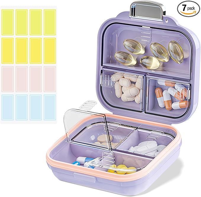 Travel Pill Organizer Box with Labels, 7 Compartments Portable Mini Pill Case, Daily Medication Organizer Storage Pill Container for Pocket Pharmacy(Purple, S)
