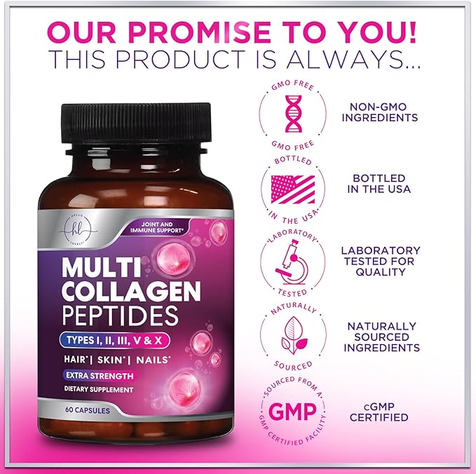 Multi Collagen Peptides Complex - Advanced Hydrolyzed Collagen Supplement Pills with Type I, II, III, V & X - Hair, Skin, Nail & Joint Support Supplement for Women & Men - USA Bottled - 60 Capsules