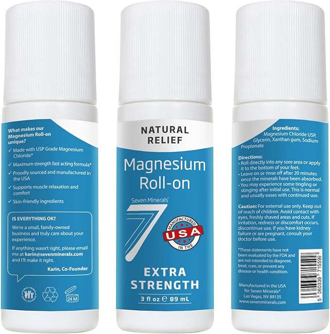 Seven Minerals Extra Strength Magnesium Roll On Stick - Pure USP Grade Magnesium for Feet, Sleep, Muscle Pain & Cramps - Fast Absorbing & Mess-Free, USA Made, 3 Fl Oz