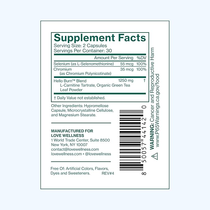 Love Wellness Hello Burn Balance | Metabolism Booster for Women | Supports Energy, Cravings Control & Thyroid Support with Selenium & Green Tea | Non-GMO, Gluten-Free & Vegan | 60 CT