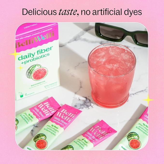 Belli Welli Daily Fiber Supplement Packets with Collagen, Probiotics & Electrolytes | Single Serve Packets for Gut Health, Digestion & Debloating | Watermelon | 10 Count