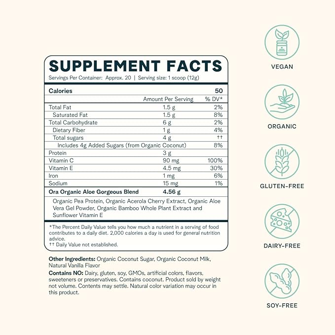 Ora Organic Vegan Collagen-Boosting Powder for Women and Men - Hair, Skin, & Nails Support - Bamboo Silica, Plant-Based Protein, Organic Vitamin C, Aloe Vera - Vanilla Flavor, 20 Servings