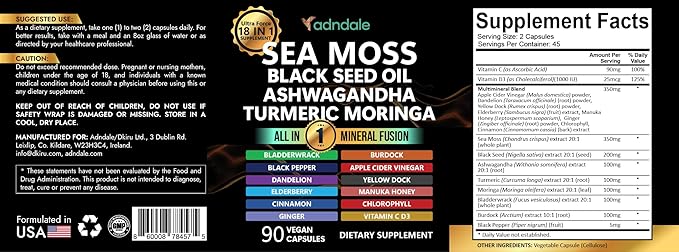 Adndale Sea Moss Capsules - Sea Moss Blend with Ashwagandha, Turmeric & Black Seed Oil - 90 Count