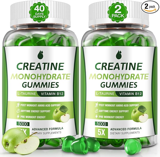 Creatine Gummies for Men & Women - Creatine Monohydrate Gummies 5g, Low Sugar Creatine Supplement for Muscle Builder, Energy Boost & Pre-Workout Supplement, Green Apple Flavor, 160 Gummies (2 Bottles)