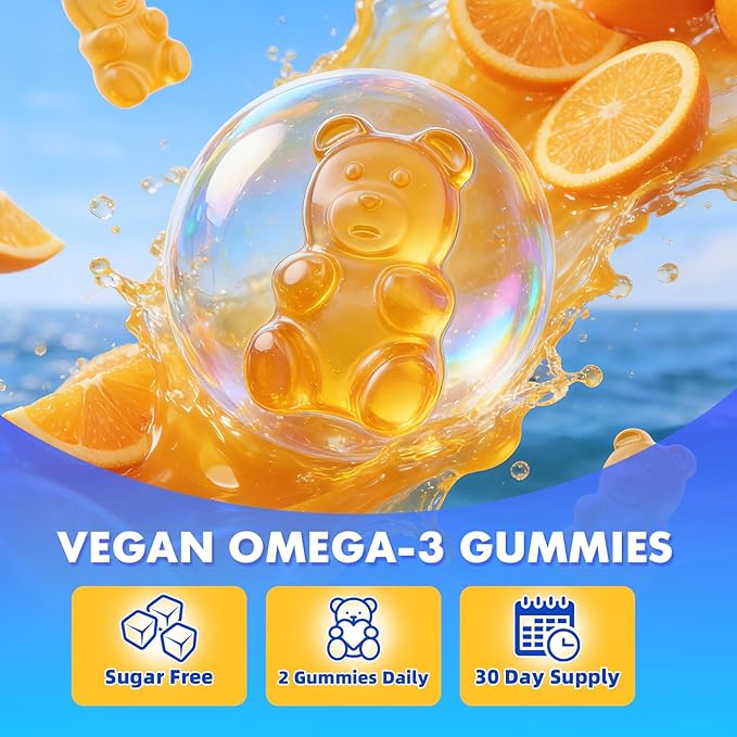 2 Pack Vegan Omega-3 Gummies - 1600mg with 600mg EPA & 400mg DHA. High Absorption Formula. Delicious Orange Flavor - 120 Gummies