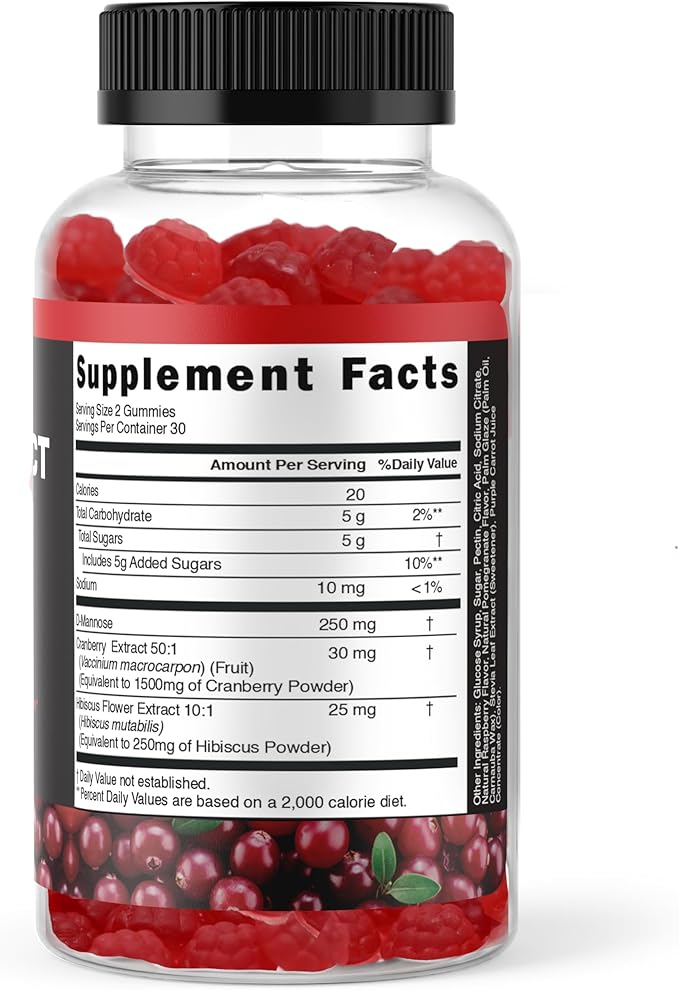 Potent Cranberry Gummies with D Mannose - Urinary Tract Health for Women & Men, Urinary Flush & Bladder Fast-Acting Support Supplements with Hibiscus Powder, 180 Count