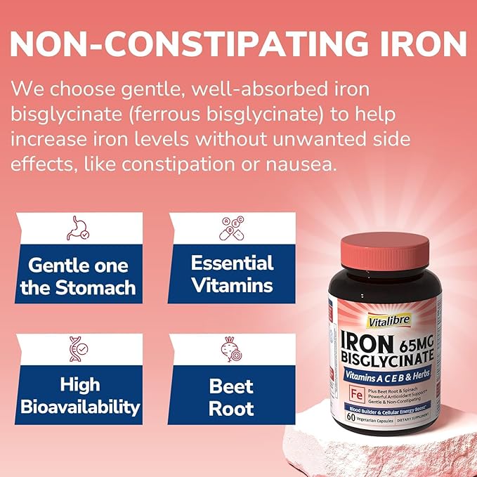 Iron Supplement for Women and Men, Iron Bisglycinate, 65mg Elemental Iron, Non-Constipating, with Vitamins C B6 B12 Folate & Beet Root, 60 Caps