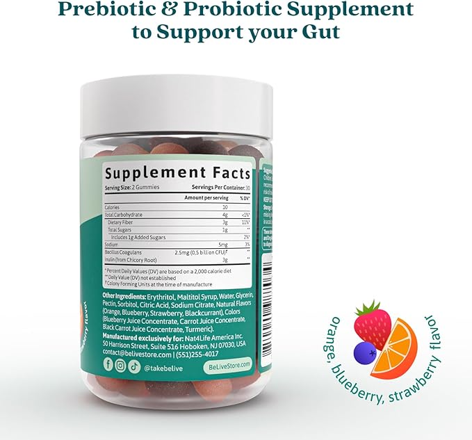 BeLive Synbiotics - Probiotic & Prebiotic Fiber Gummies – High Strength Inulin (3g), Dietary Fiber Supplement, Digestive Support for Kids & Adults - Strawberry, Orange, Blueberry Flavor | 3-Pack
