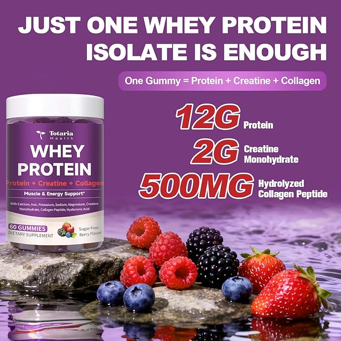 3 in 1 Whey Protein Gummies | Creatine Monohydrate | Collagen, 0 Sugar, Pure Protein Source, Muscle & Energy Support, Berry Flavor, for Women and Men