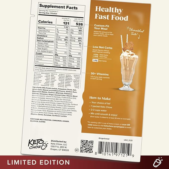 Keto Chow Gingerbread | Keto Meal Replacement Shake Powder | Nutritionally Complete Food | Low Carb Keto Meals | Delicious Easy Meal Substitute Drink | Protein Rich You Choose The Fat | Single Meal