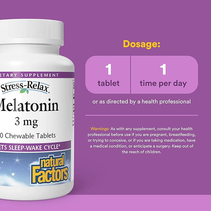 Stress-Relax Melatonin 3 mg by Natural Factors, Natural Sleep Aid, Resets the Sleep-Wake Cycle, 90 chewable tablets (90 servings), Peppermint Flavor