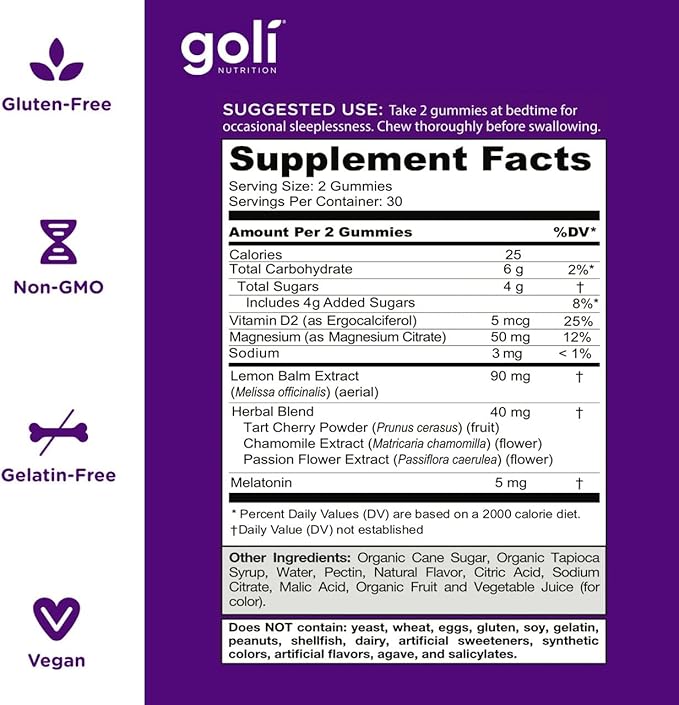Goli Dreamy Sleep Gummy - 60 Count - Melatonin, Vitamin D, Magnesium, and Lemon Balm Extract - Gelatin-Free, Gluten-Free, Vegan & Non-GMO