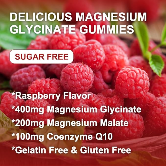Magnesium Glycinate Gummies - 400mg Magnesium Glycinate Gummy with Vitamin D, B6, and CoQ10, Magnesium Supplement for Relaxation and Cognition, Sugar Free - 60 Raspberry Gummies (3 Pack)