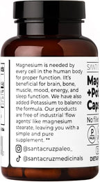 Santa Cruz Paleo Magnesium + Potassium Caps, Supplement for Men and Women, Paleo, Keto, Sugar & Gluten Free, Magnesium Glycinate 166mg and Potassium Citrate 38mg per Serving, American Made, 120 Caps