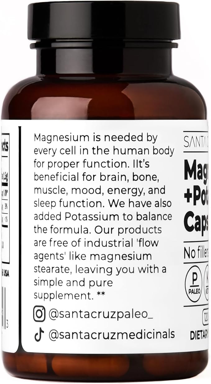Santa Cruz Paleo Magnesium + Potassium Caps, Supplement for Men and Women, Paleo, Keto, Sugar & Gluten Free, Magnesium Glycinate 166mg and Potassium Citrate 38mg per Serving, American Made, 120 Caps