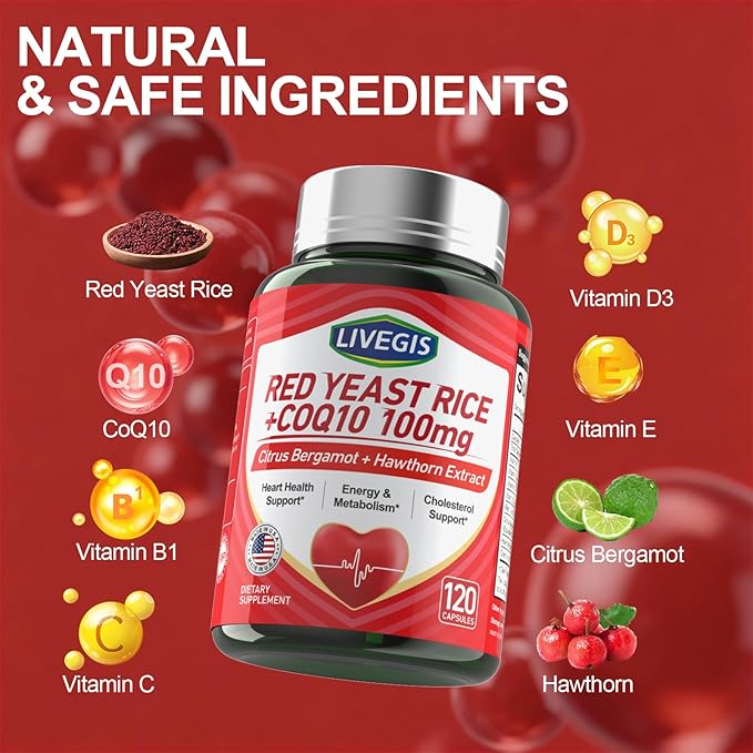 Red Yeast Rice 2000mg with CoQ10 100mg - Citrinin Free Heart Health Supplement with Citrus Bergamot & Hawthorn - Supports Healthy Cholesterol Levels - Vegan, Non-GMO Capsules 120 Counts