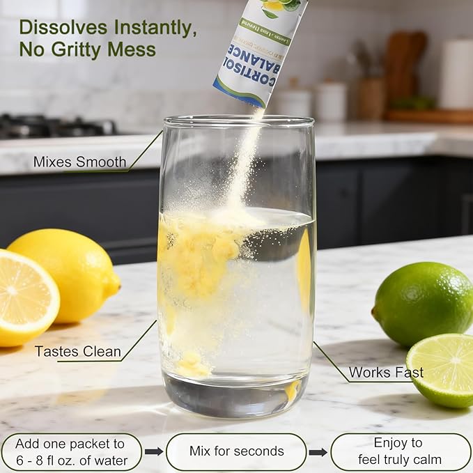 Cortisol Calm Drink Mix with Magnesium Glycinate Powder, L-Theanine, Vitamins, and Ashwagandha for Relaxation & Focus | Adaptogen Drink & Cortisol Support | 30 Packets (Lemon & Lime Flavor)