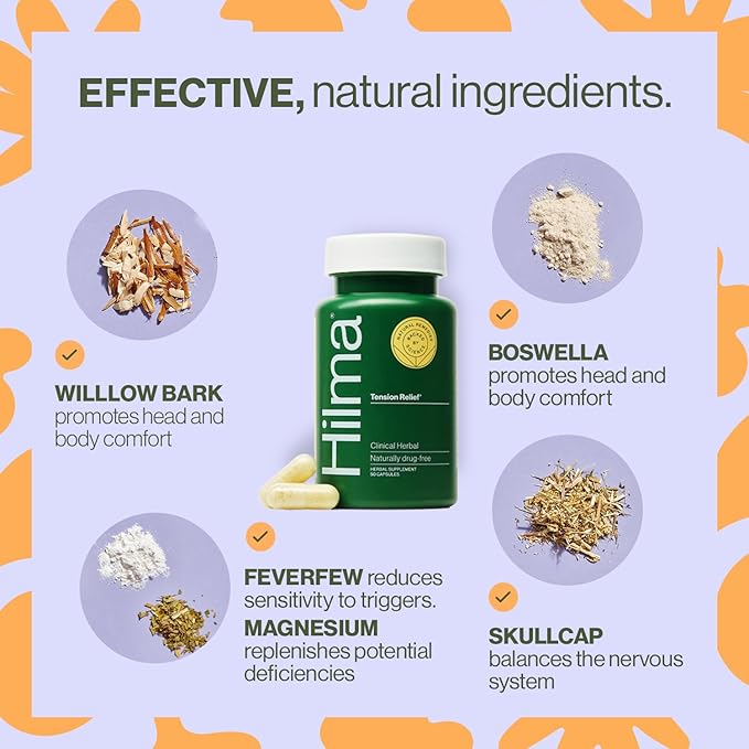 Hilma Natural Tension Headache Relief, Supplements with Magnesium, Boswellia and Feverfew, 50 Vegan Capsules