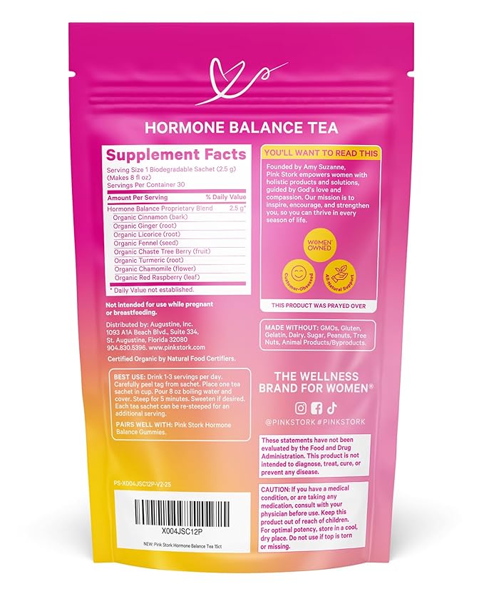 Pink Stork Hormone Balance Tea for Women – Red Raspberry Leaf & Chasteberry (Vitex) – Organic Herbal Tea for PMS, Menstrual Cycle & Perimenopause Support – Caffeine-Free Cinnamon Blend – 30 Cups
