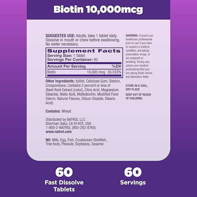 Natrol Biotin 10000mcg, 4X Faster Dissolve Supplement for Healthy Hair, Skin and Nails for Those Low in Biotin, Plus Energy Metabolism Support, 60 Tablets, Up to a 60 Day Supply