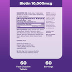 Natrol Biotin 10000mcg, 4X Faster Dissolve Supplement for Healthy Hair, Skin and Nails for Those Low in Biotin, Plus Energy Metabolism Support, 60 Tablets, Up to a 60 Day Supply