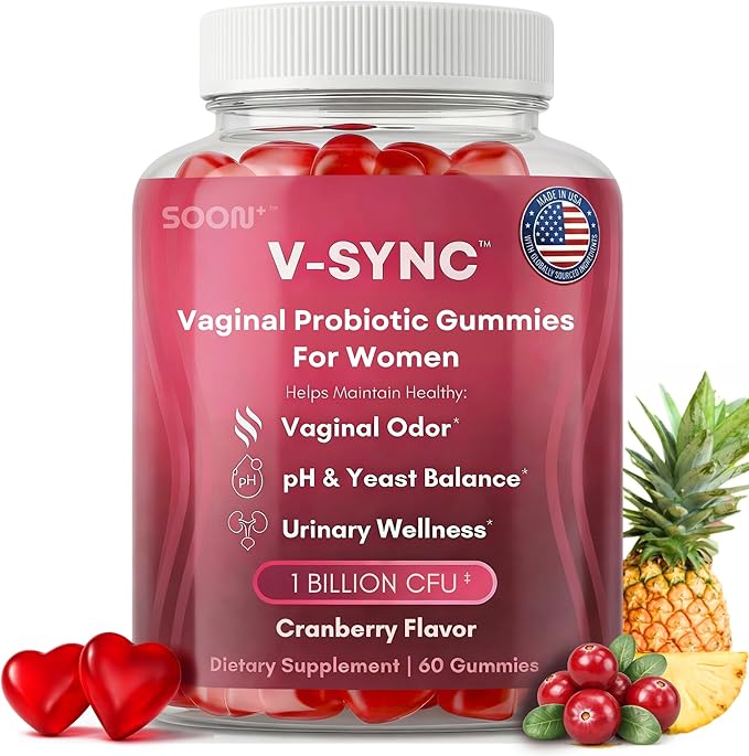 SOON+ Feminine Balance Gummies for Women, V-Sync Pineapple Probiotics for pH Balance Support * Vaginal, Urinary, Immune, Digestive Wellness * with Bacillus Coagulans, Cranberry, Vitamin C, 60 Gummies