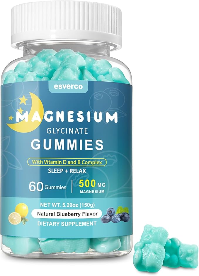 Magnesium Glycinate Gummies 500mg Sleep for Men & Women Vitamin C, Vegan Promotes Relaxation Muscle, Chewable Magnesium, No Melatonin, Non GMO, Natural Blueberry Flavor, 60 Count