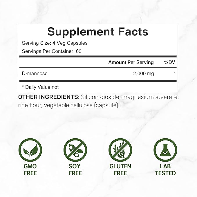 DEAL SUPPLEMENT D Mannose 500mg Capsules (2,000mg Per Serving), 240 Veggie Pills – Fast Acting Water-Soluble Form – Extra Strength Urinary Tract (UTI) Health Support – Non-GMO, Vegan Friendly