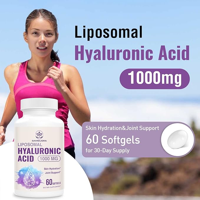 Liposomal Hyaluronic Acid 1000mg, High BioavailabilityHyaluronic Acid Capsules, Dietary Supplement Support Skin and Bones, 60 Capsules