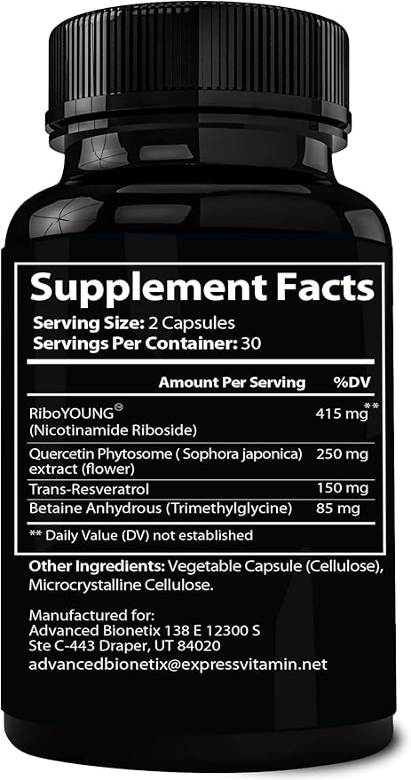 NAD Supplement with Nicotinamide Riboside Plus Resveratrol, Quercetin, Betaine w/RiboYOUNG™ for True Anti Aging