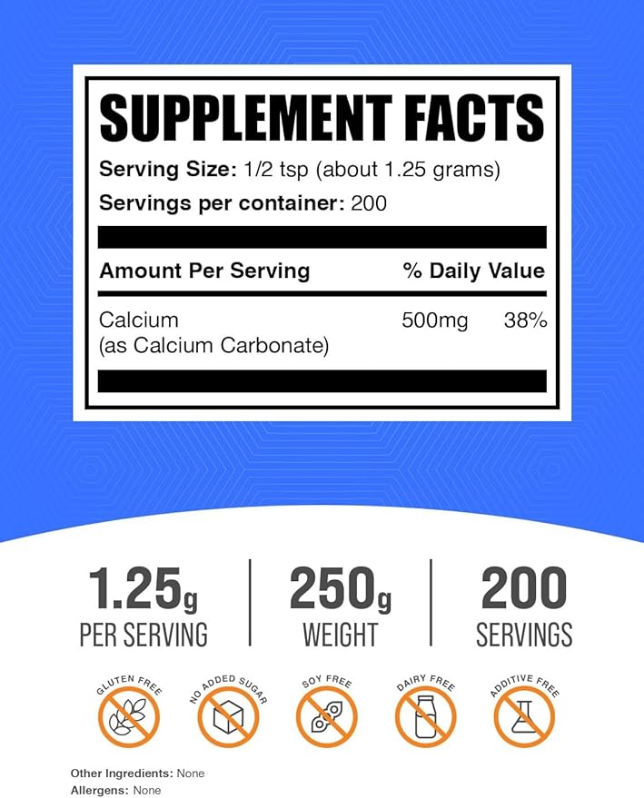 BulkSupplements.com Calcium Carbonate Powder - Calcium Carbonate Food Grade, High Absorption - Gluten Free, 1.25g per Serving, 250g (8.8 oz) (Pack of 1)