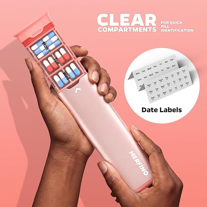 Metal Pill Organizer 2 Times a Day-Travel Pill Box Case with Moisture-Proof Airtight Lids, Weekly Large Capacity AM PM Medicine Container for Vitamins, Fish Oil, Supplements and Medications (Pink)