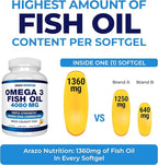 Arazo Nutrition Wild Caught Omega-3 Fish Oil Concentrate – 4,080mg per Serving – High EPA 1200mg & DHA 900mg – 120 Burpless Lemon Softgels