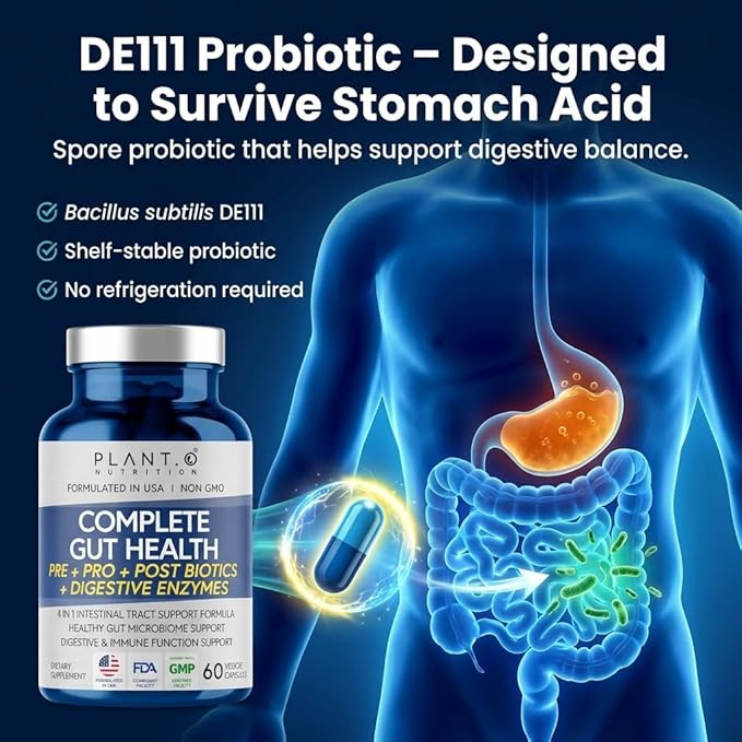 4-in-1 Gut Health Support – Prebiotics + Probiotics + Postbiotics + Digestive Enzymes – DE111 Spore Probiotic for Digestive Support & Bloating – Non-GMO, Made in USA – 60 Veggie Capsules