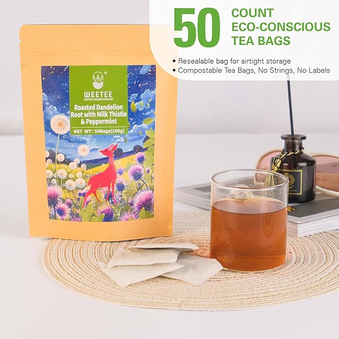 WT WEETEE Roasted Dandelion Root Tea with Milk Thistle and Peppermint, 50 Natural Caffeine-free Herbal Tea Bags for Liver Cleanse