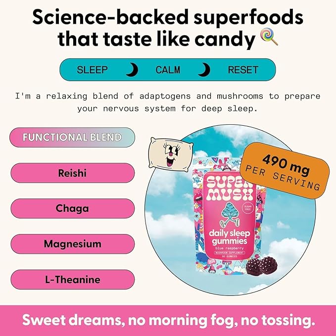SuperMush Sleep Gummies for Adults - Mushroom Supplement with Magnesium Citrate, L-Theanine, Chaga, Reishi & Chamomile for Deep Sleep, REM & Detox - Vegan & Sugar-Free - 28 Gummies (14 Servings)