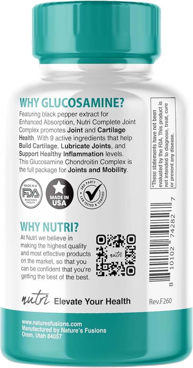 Nutri 8-in-1 Glucosamine Chondroitin MSM Turmeric Bromelain Boswellia Hyaluronic Acid 3025 mg - Joint Support Supplement - 120 Capsules - Supports Healthy Bones - 3rd Party Tested & GMP Certified