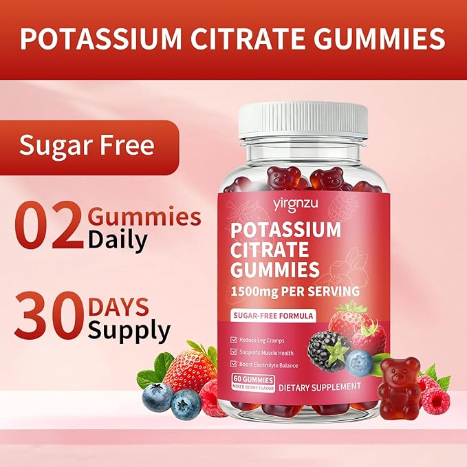 Potassium Citrate Gummies 1500mg, Potassium Supplement for Women & Men, Support Leg Cramps & Muscle Health, Vegan, Mixed Berry Flavor 120 Count
