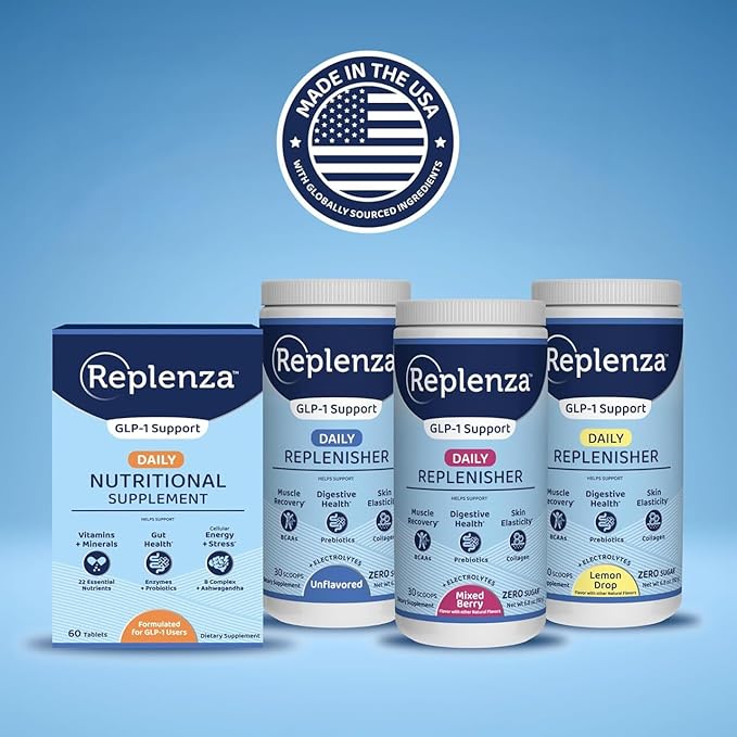 Replenza Daily Replenisher GLP-1 Nutritional Support, Powder, Muscle Recovery, Digestive Health & Skin Elasticity Mix of Amino Acids, Prebiotics and Collagen Peptides – Unflavored, 3 Pack