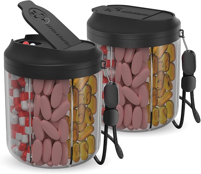Hionxmga Pill Dispenser with 7 Large Compartments, Pill Bottle Organizer for Travel, Supplement Organizer with Anti-Mixing Design, Pill Container with 20 Pcs Labels, Black 2Pcs