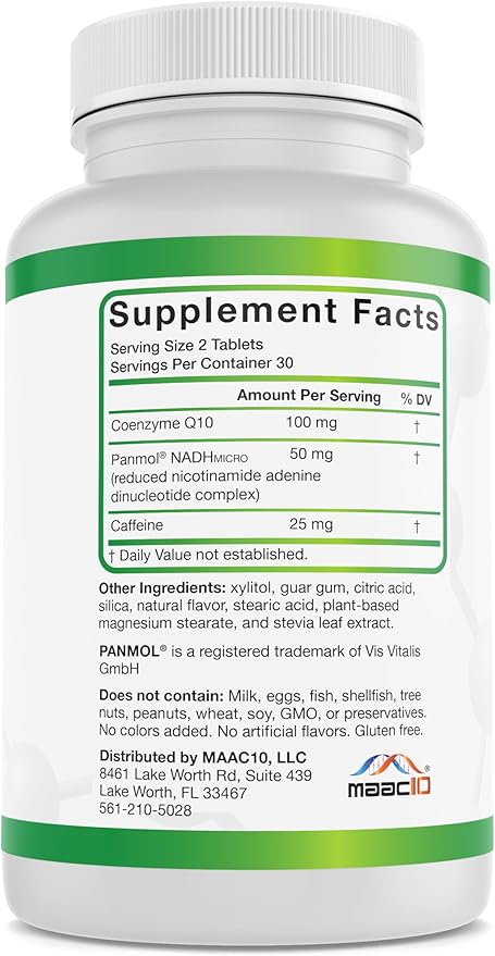 MAAC10 Energy Booster - with NADH, Caffeine & Coq10 Fast Acting Chewable Tablets - Great for Fatigue, Energy & Mental Focus.