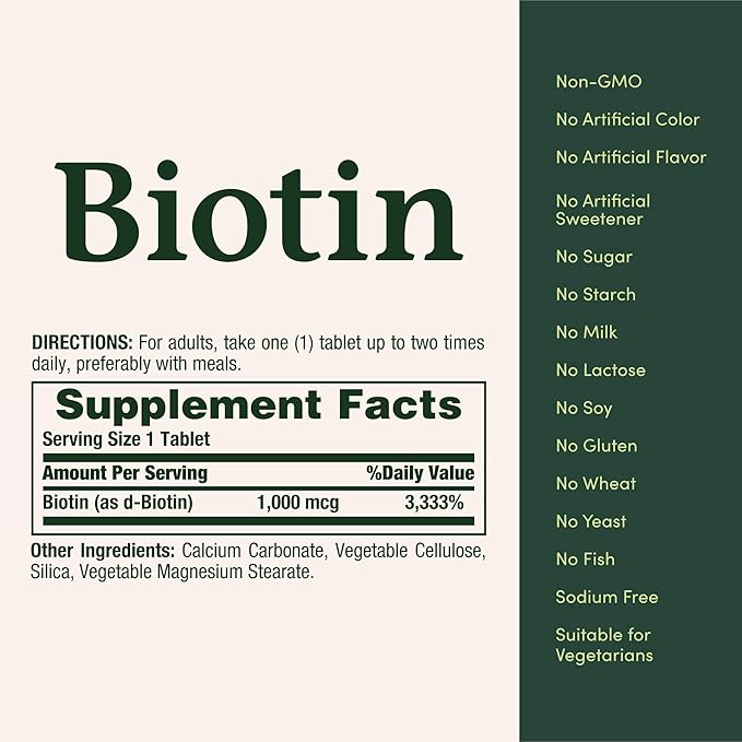 Nature's Bounty Biotin, Supports Metabolism for Energy and Healthy Hair, Skin, and Nails, 1000 mcg, 100 Tablets (Pack of 2)