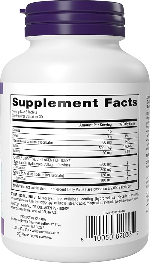 Webber Naturals Collagen30 with Hyaluronic Acid, Bioactive Collagen Peptides, 180 Tablets, Helps Reduce Eye Wrinkles and Fine Facial Line, Non GMO