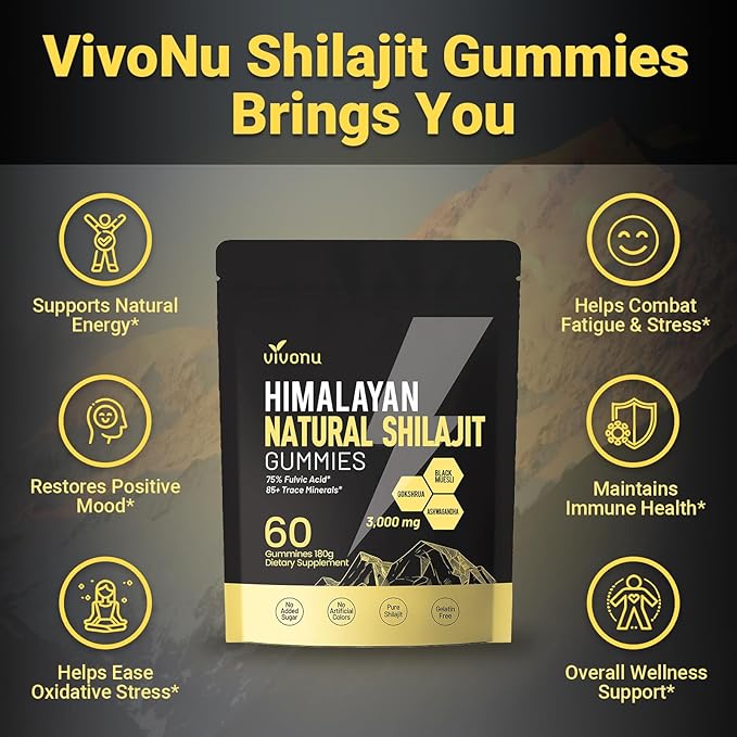 Pure Himalayan* Shilajit* Gummies, micronutrient Supplement, Himalayan Premium Ingredient with Shilajit, Ashwagandha, Gokshura, Fulvic Acid & 85+ Trace Minerals I for Men, Women (60 Gummies/1 Bag)