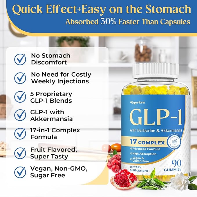 GLP-1, GLP-1 Supplement for Women & Men | 17-in-1 Scientific Formula GLP1 Gummies with Berberine, Akkermansia for Nutrient Absorption, Metabolism Digestion & Gut, No Stomach Discomfort, 90 Gummies