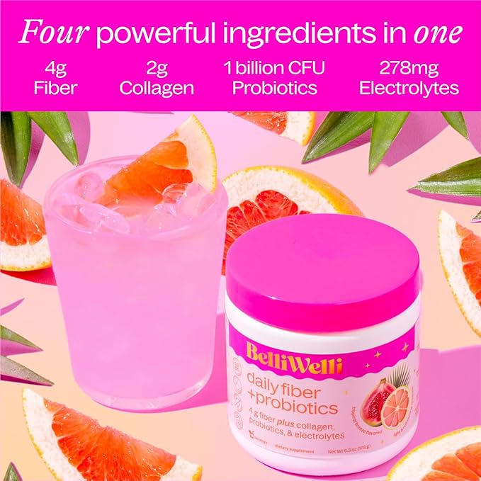 Belli Welli Fiber Supplement for Women & Men – Premium Daily Fiber Powder from Organic Acacia with Added Collagen, Electrolytes & Probiotics – No Bloat, Constipation & Gut Health Support (Tropical)