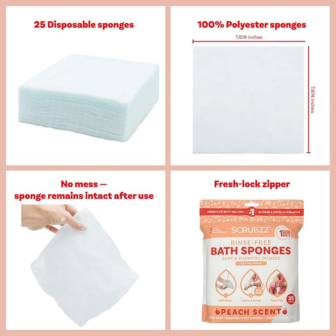 Scrubzz Disposable No Rinse Bathing Wipes for Senstive Skin - 25 Pack - All-in-1 Single Use Shower Wipes, Simply Dampen, Lather, and Dry Without Shampoo or Rinsing (Peach, 1-Pack)