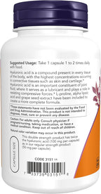 NOW Foods Supplements, Hyaluronic Acid 100 mg, Double Strength with L-Proline, Alpha Lipoic Acid and Grape Seed Extract, 120 Veg Capsules
